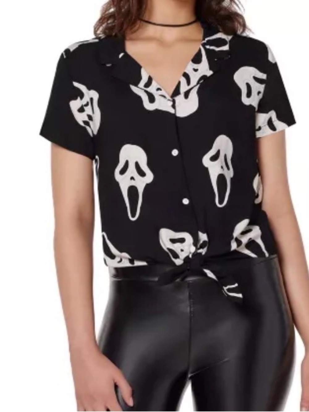 Spirit Halloween Ghost Face Black White Scream, Button Front Tie Top, Size Large